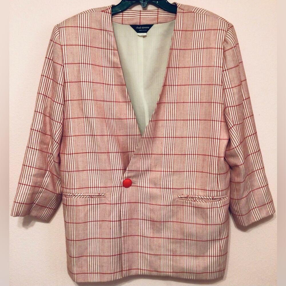 Vintage Chad Stevens red cream one button jacket blazer with shoulder pads sz 14